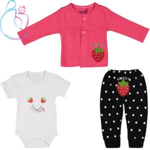 ست 3 تکه لباس نوزاد بیبی وان طرح توت فرنگی