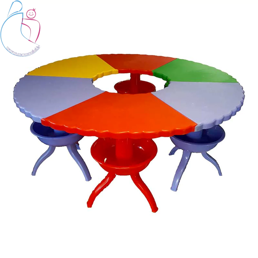 میز کودک مدل هشت‌پا در چیدمان گرد با شش قطعه رنگی متصل، مناسب مهدکودک و بازی گروهی کودکان