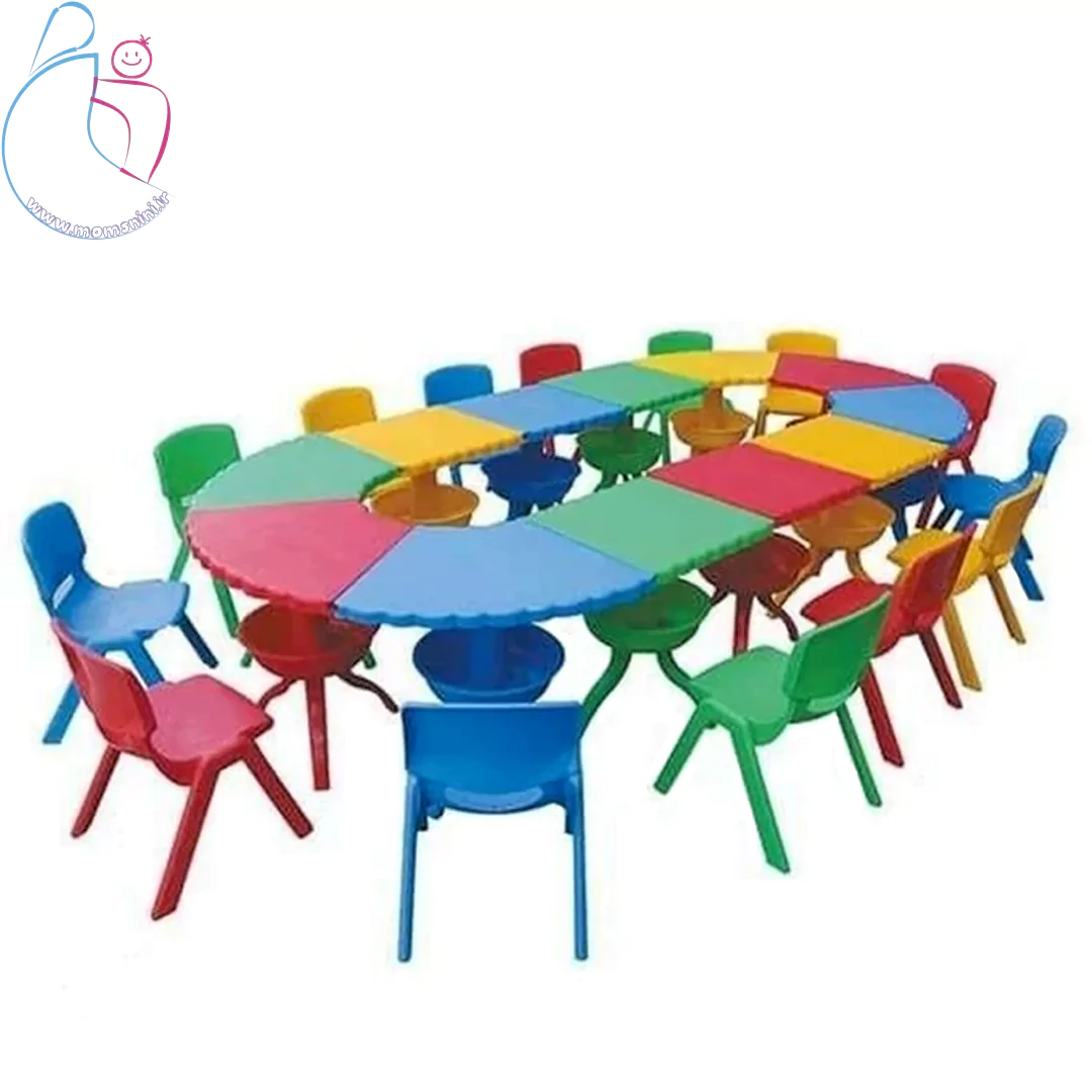 میز کودک مدل هشت‌پا در چیدمان بیضی، ترکیب رنگ‌های شاد و مناسب فضای آموزشی کودک