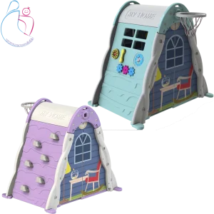 کلبه بازی چندکاره کودک هپی استار | خانه بازی مقاوم با صخره‌نوردی و تور بسکتبال