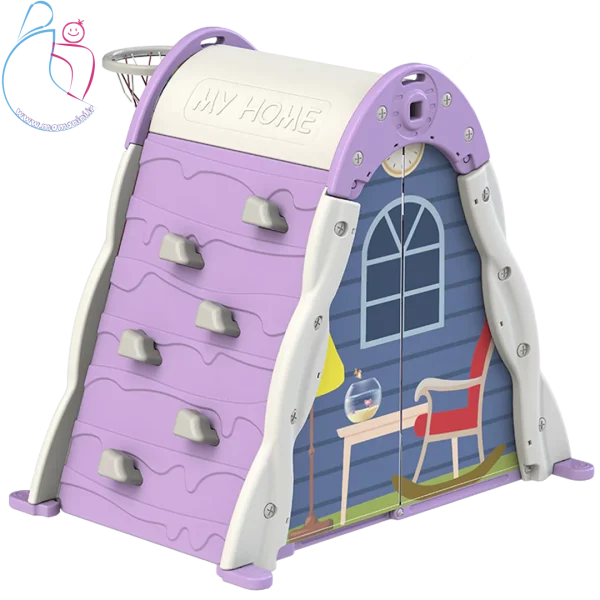 کلبه بازی چندکاره کودک هپی استار | خانه بازی مقاوم با صخره‌نوردی و تور بسکتبال