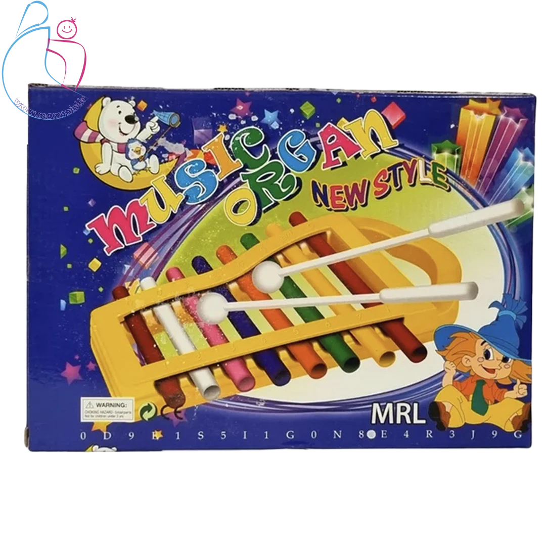 جعبه بلز ۸ نت کودک در ۳رنگ قرمز، سبز، زرد با بدنه پلاستیکی دستگیره دار و شامل دو مضراب ایمن برای کودکان