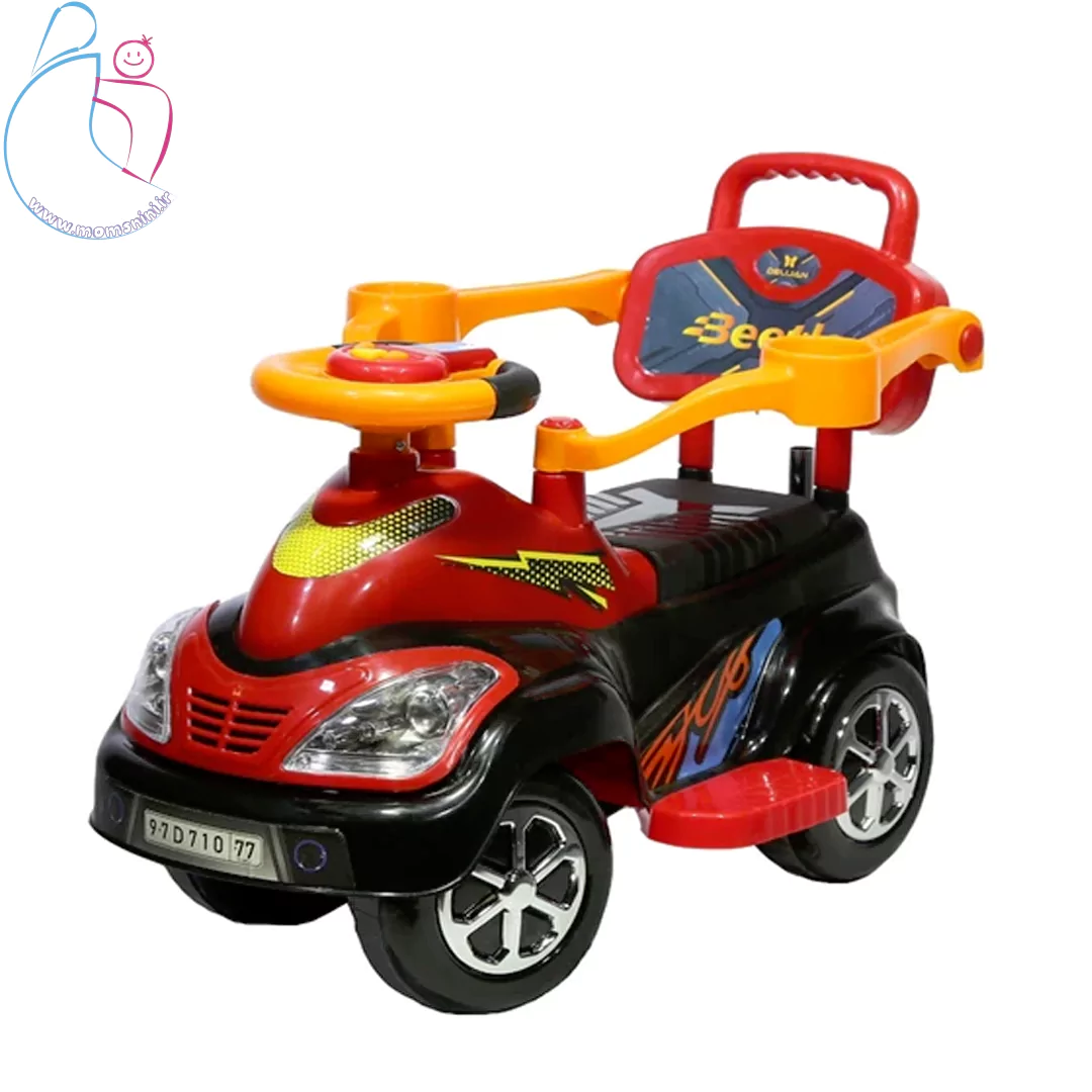 ماشین سواری کودک دلیجان مدل بیتل رنگ قرمز-مشکی با فرمان موزیکال و چراغ‌های LED