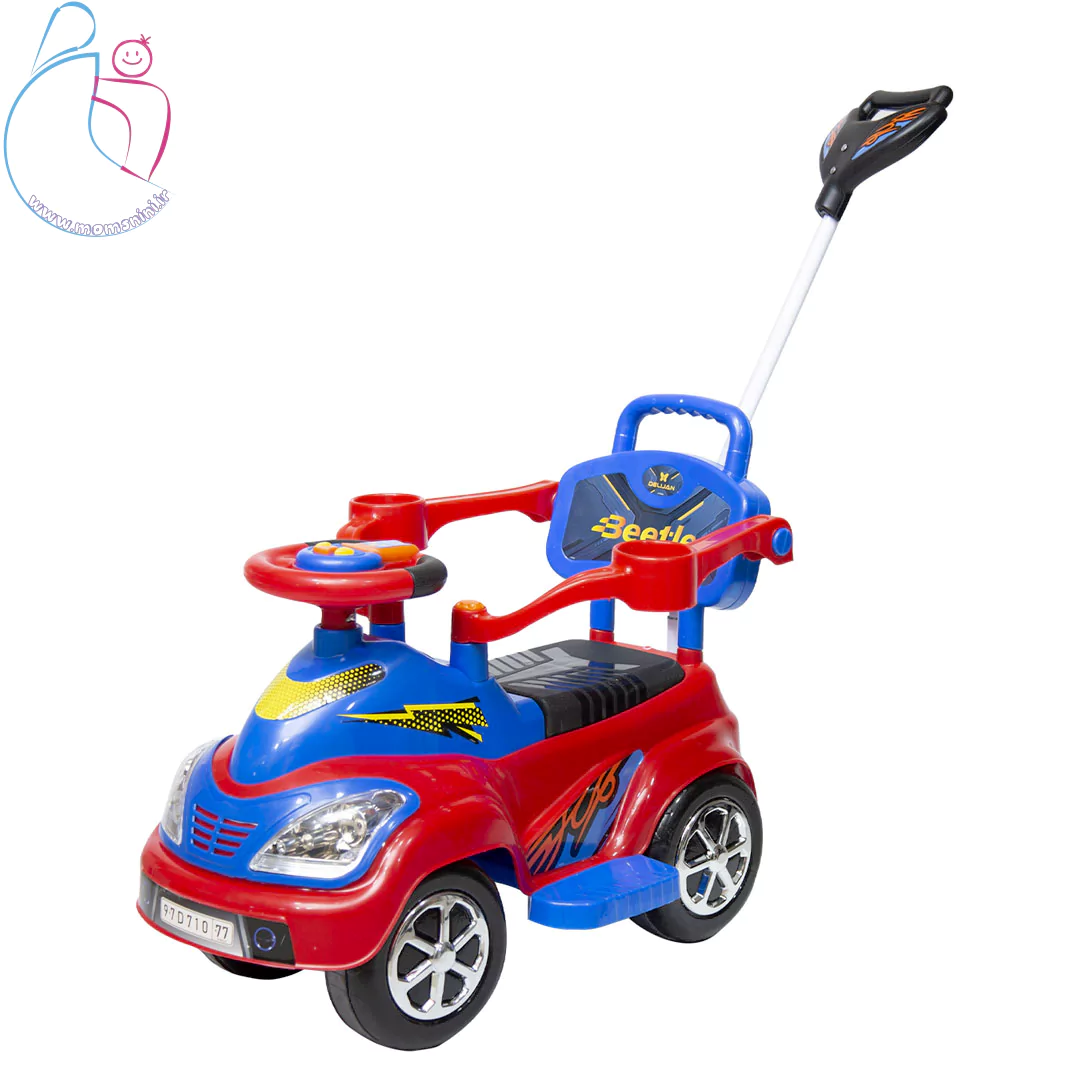 ماشین سواری کودک دلیجان مدل بیتل رنگ قرمز-آبی با فرمان موزیکال و چراغ‌های LED