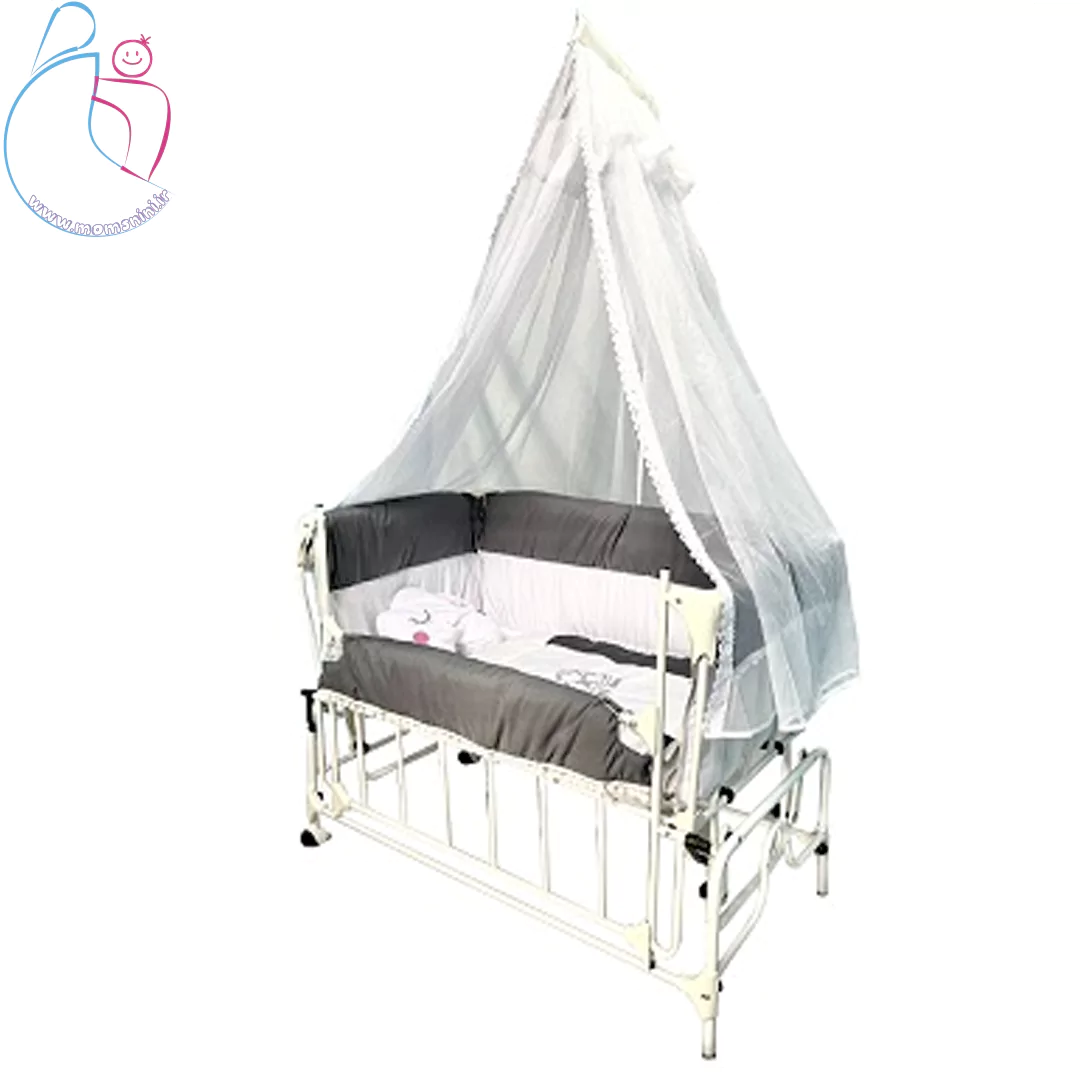 تخت و گهواره نوزاد سودا مدل کنار تخت مادر با بدنه فلزی، رنگ طوسی مناسب نوزادان از بدو تولد