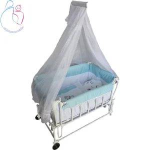 تخت و گهواره نوزاد سودا مدل کنار تخت مادر با بدنه فلزی، رنگ آبی مناسب نوزادان از بدو تولد