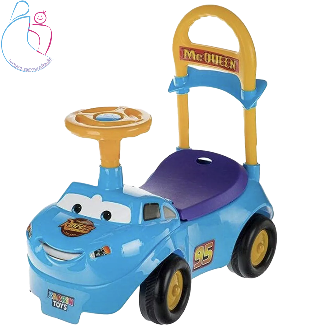 ماشین سواری کودک مدل مک کویین | طراحی موزیکال با پشتی و محفظه اسباب‌بازی