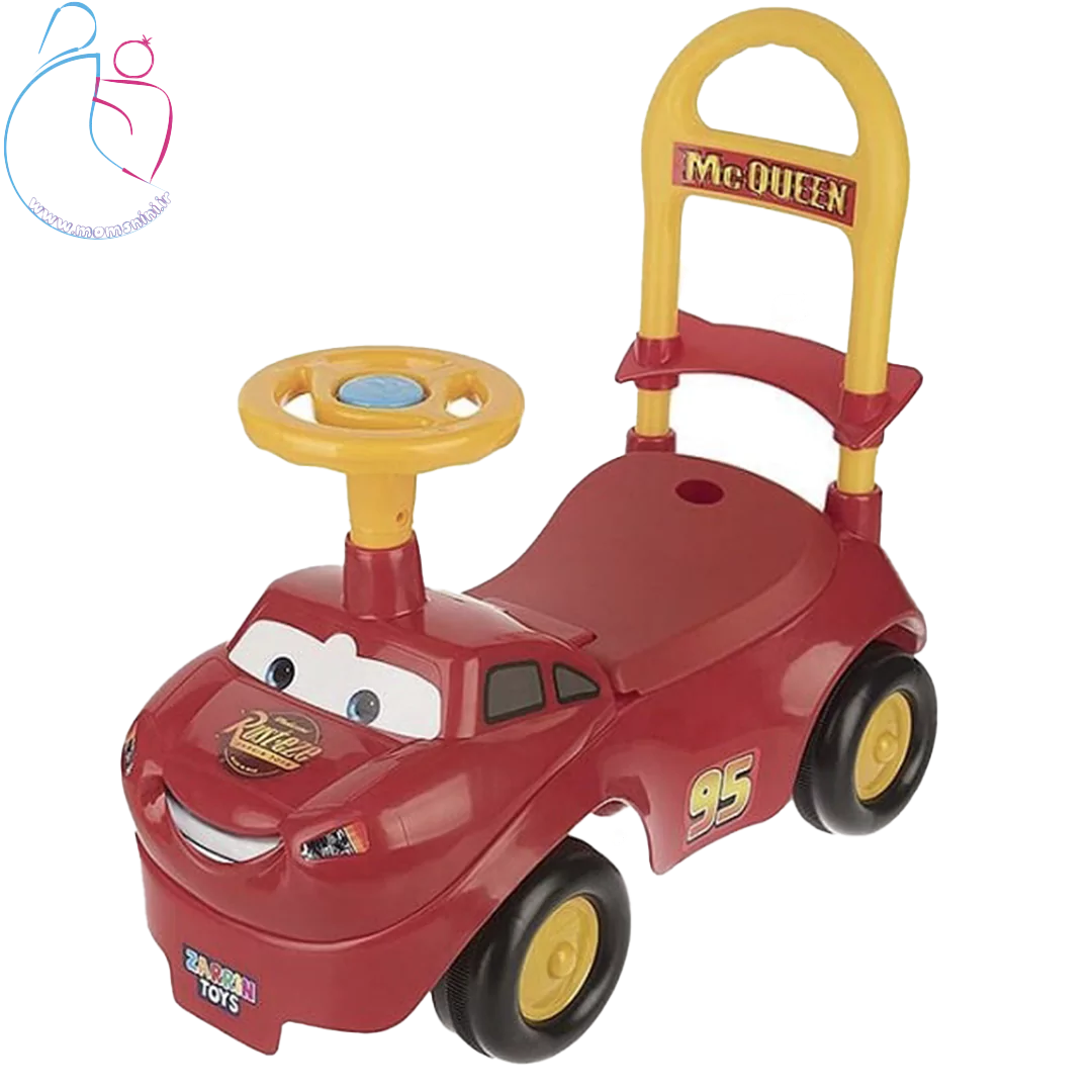 ماشین سواری کودک مدل مک کویین | طراحی موزیکال با پشتی و محفظه اسباب‌بازی