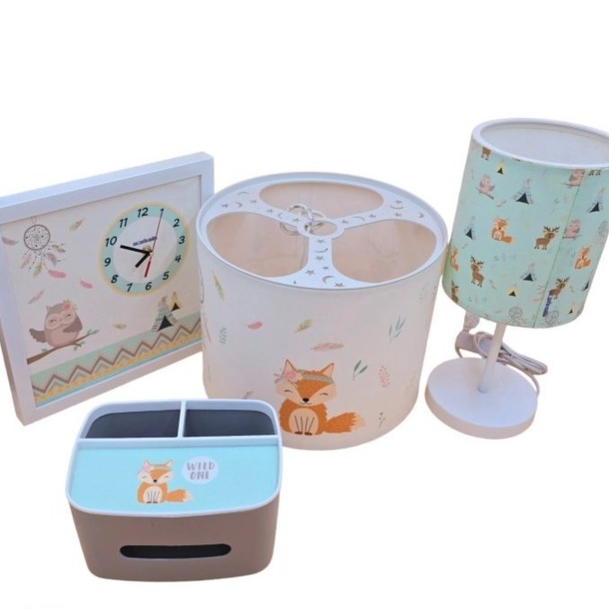 سرویس لوستر،آباژور،ساعت و جای دستمال نوزاد برند مامز کیوتی مدل 4 تکه طرح روباه و جنگل مامزنینی