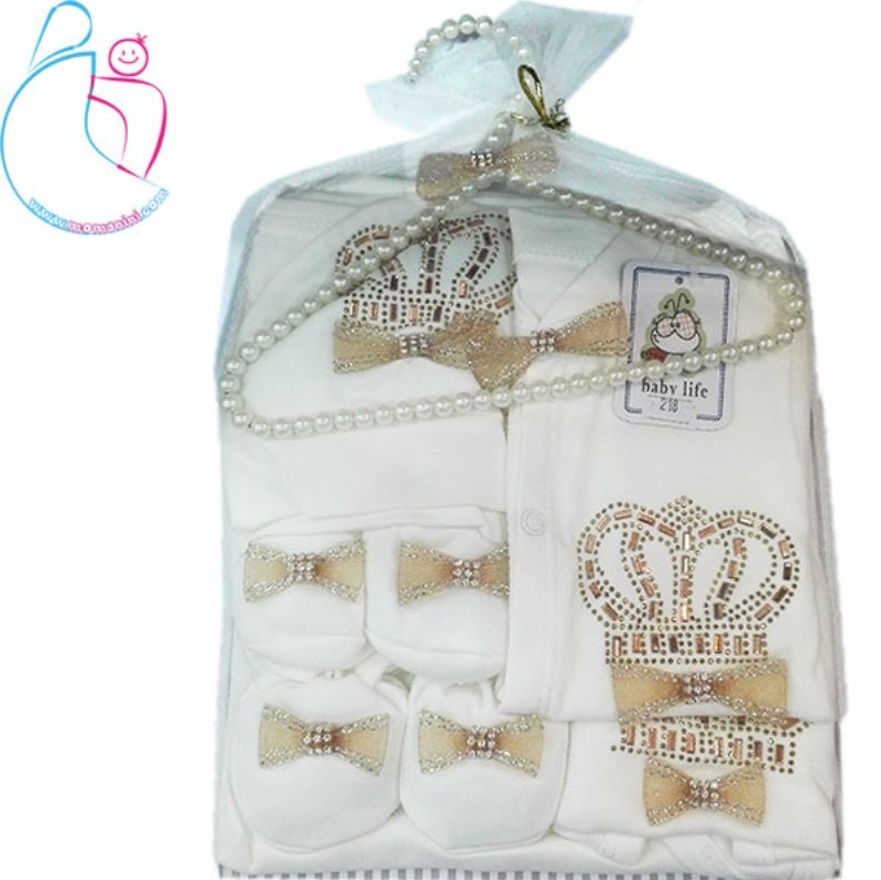 ست لباس نوزادی 7 تکه baby life مدل تاج رنگ سورمه ای مامزنینی