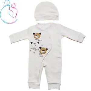 ست سرهمی و کلاه نوزادی طرح خرسی رنگ سفید مامز نینی