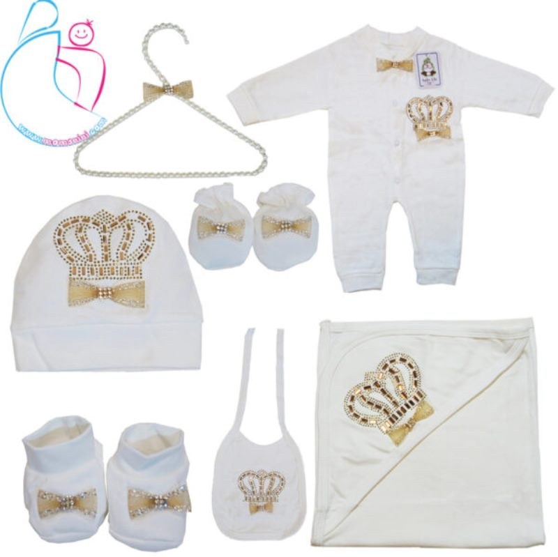ست لباس نوزادی 7 تکه baby life مدل تاج مامزنینی