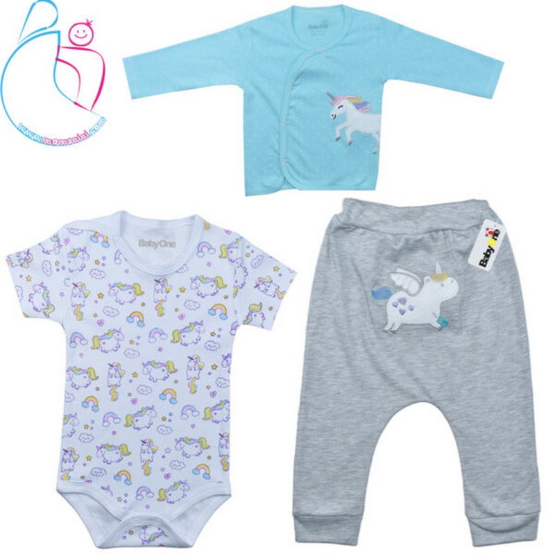 لباس سه تکه بی بی وان طرح اسب تک شاخ مامزنینی