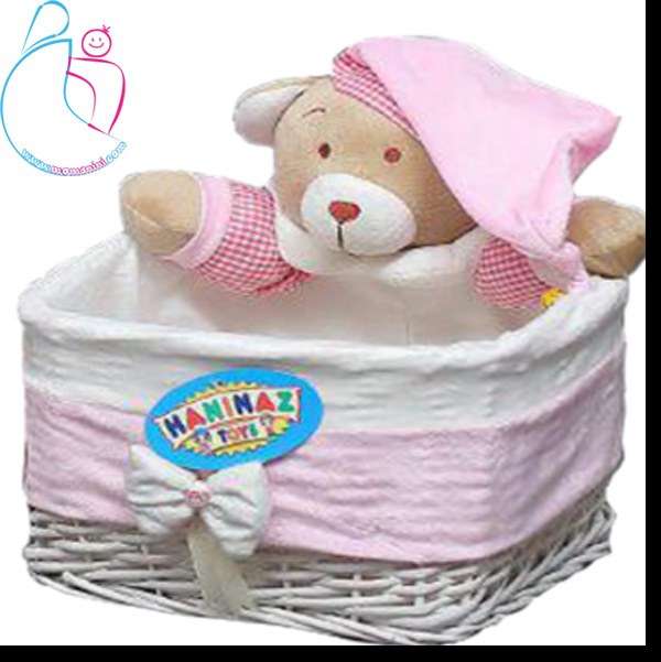 سبد حصیری لوازم اتاق کودک مدل خرس تدی رنگ صورتی