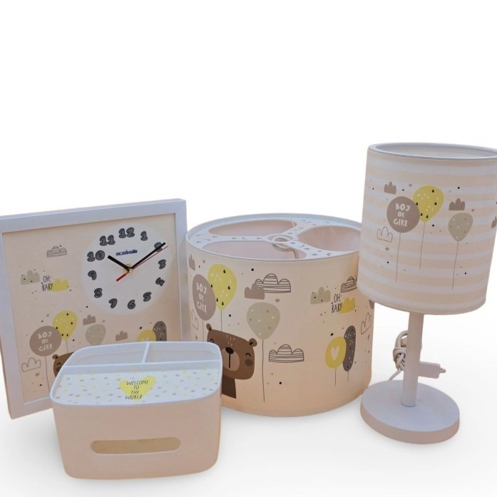 سرویس لوستر،آباژور،ساعت و جای دستمال نوزاد برند مامز کیوتی مدل 4 تکه طرح خرس کارتونی مامزنینی