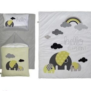 ست خواب نوزاد برند مامز کیوتی مدل 4 تکه طرح فیل زرد و طوسی مامزنینی