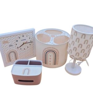 سرویس لوستر،آباژور،ساعت و جای دستمال نوزاد برند مامز کیوتی مدل 4 تکه طرح رنگین کمان مامزنینی